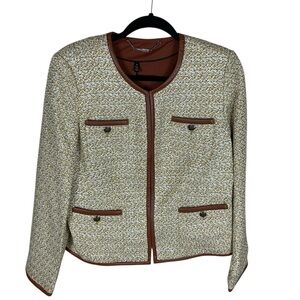 Women's WHBM Yellow Tweed Faux Leather Trim Long Sleeve Blazer Jacket Size 14